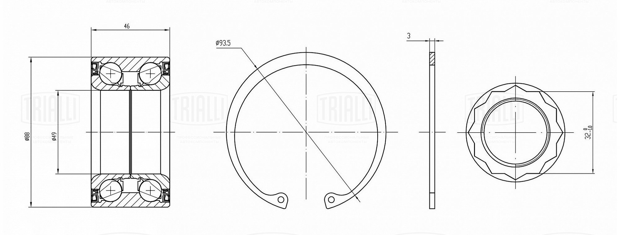 Подшипник ступицы /м Mercedes S W140 (91-) задн (кмпл: подшип/гайка/кольцо) (CS 1583) TRIALLI