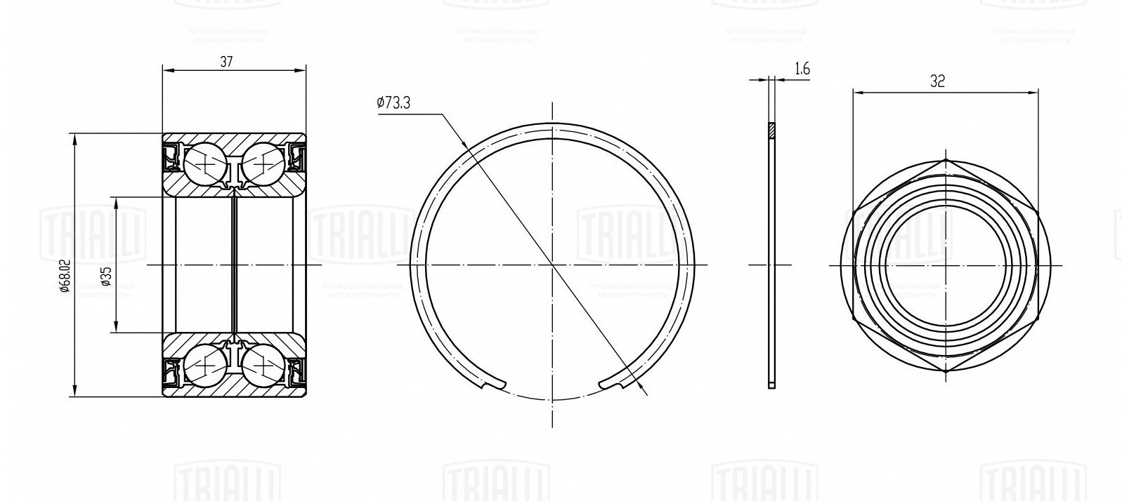 Подшипник ступицы /м Fiat Albea (02-) перед с ABS (кмпл: подшип/гайка/кольцо) (CS 1673) TRIALLI