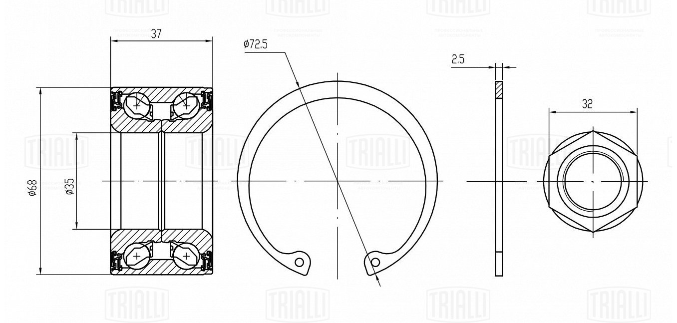 Подшипник ступицы /м Fiat Albea (02-) перед без ABS (кмпл: подшип/гайка/кольцо) (CS 3528) TRIALLI