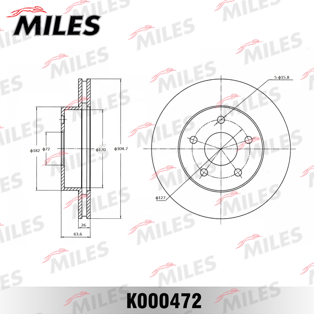 Диск тормозной передний вентилируемый JEEP CHEROKEE 91-/GRAND CHEROKEE 99-, D=305 мм. (ISO 9001). MILES K000472