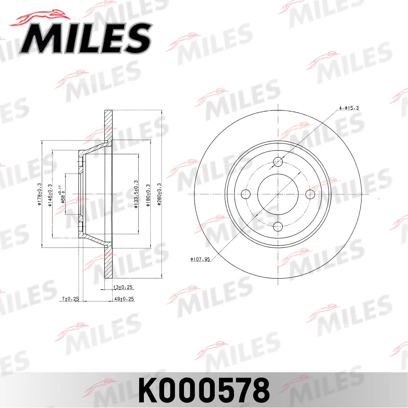 Диск тормозной передний AUDI 80 1.6-2.0 МКПП 08.92-96, D=280x13, (ISO 9001). MILES K000578