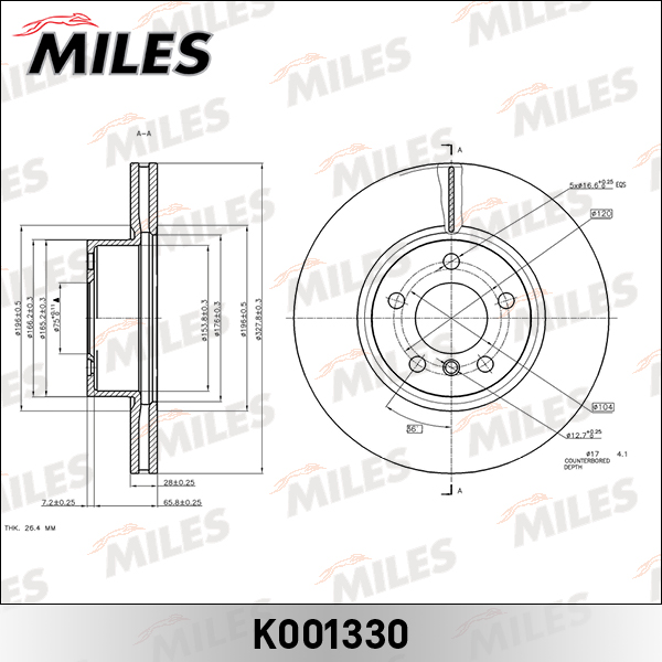 Диск тормозной BMW X3 F25 10- передний вент.D=328мм MILES K001330
