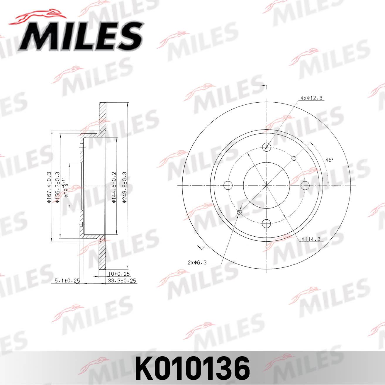 Диск тормозной задний, MITSUBISHI COLT 04-/SMART FORFOUR 04-, D=250x10 (ISO 9001). MILES K010136