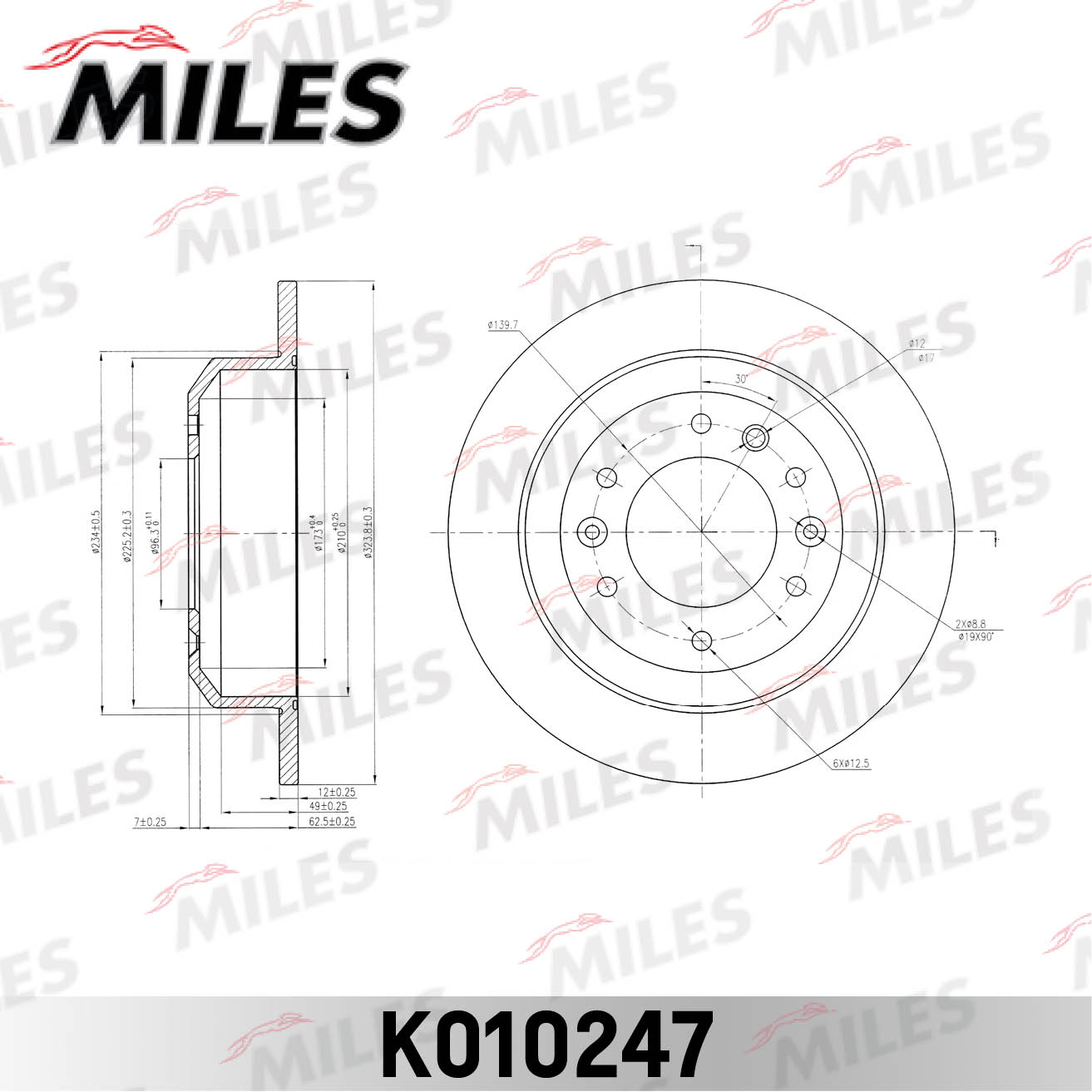 Диск тормозной задний, KIA CARNIVAL 06- , D=324x12 (ISO 9001). MILES K010247